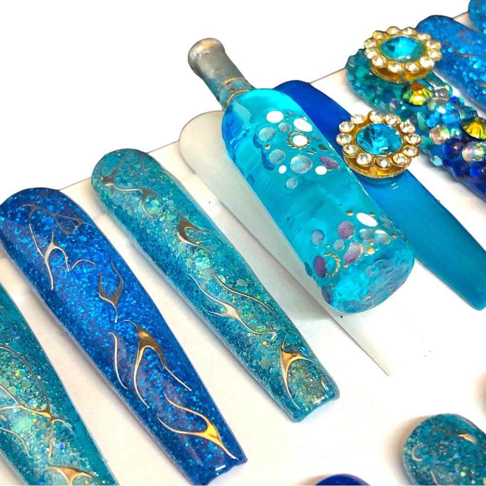 Handmade Press On Nails 2X Long Coffin Custom Hypnotic Blue Nails Full S… - Picture 4 of 10